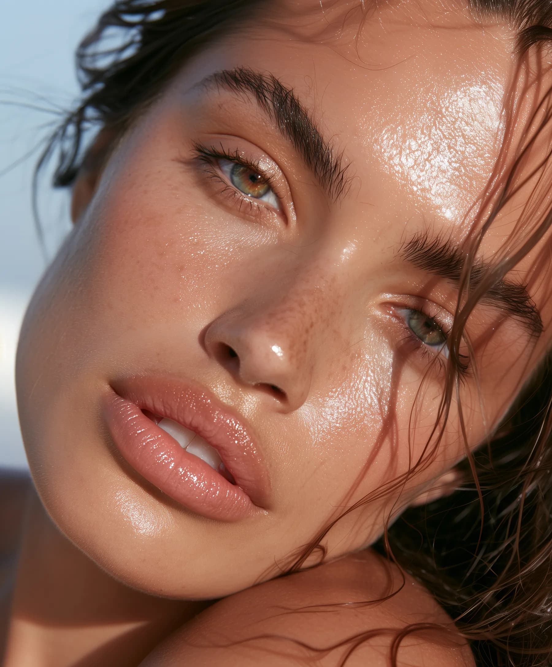Close portrait of a woman with luminous, well-hydrated skin in daylight